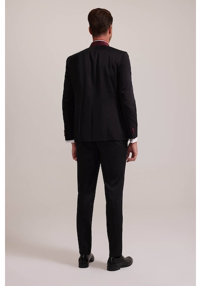 Ysf Erkek Bordo Siyah Slim Fit Şal Hakim Yaka Damatlık Bordo - Siyah