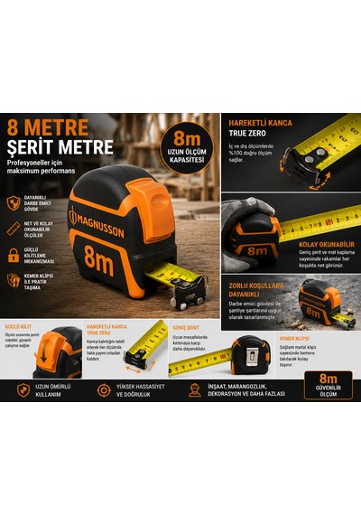 8 Metre Şerit Metre Profesyonel Çelik Mezura Darbeye Dayanıklı Güçlü Kilitli Hareketli Kancalı 8 M