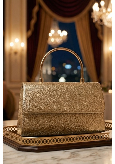 Vellabags Altın Renk Işıltılı Abiye Çanta Metal Saplı Şık Gece & Davet Çantası Açık Altın