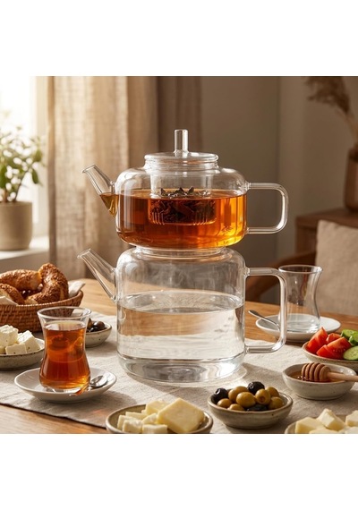 Lexroo Flat Borosilikat Cam Çaydanlık Takımı 980 Ml Demlik + 1600 Ml Alt Demlik Çok Renkli
