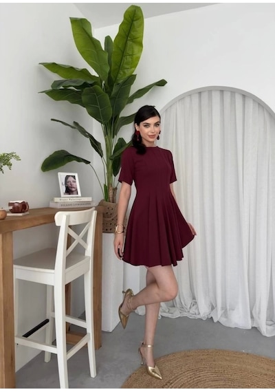 Defymoda Crem Pliseli Elbise Bordo