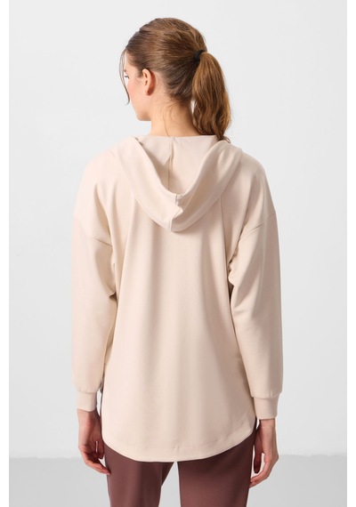 Tommylıfe Bej Yumuşak Dokulu Kapüşonlu Oversize Kadın Tunik Sweatshirt - 97302