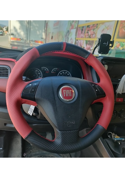 Fiat Line Tuşlu Direksiyonlara Uyumlu Araca Özgü Dikmeli Direksiyon Kılıfı Kırmızı Karbon 2945460