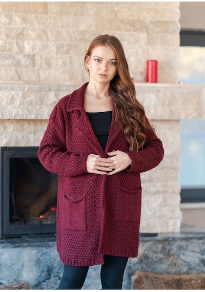 Düğme Detaylı Örme Hırka Vişne