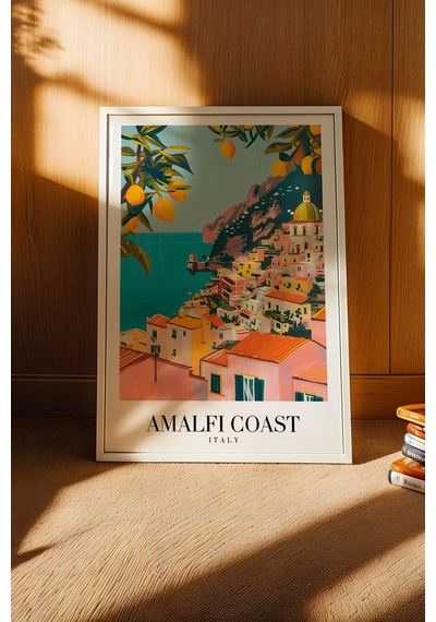 Amalfi Coast Italy Vintage Seyahat Posteri Çerçeveli Tablo - Premium Akdeniz Temalı Duvar Dekoru Beyaz