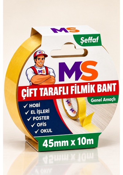 Çift Taraflı Filmik Şeffaf Bant 45 Mm X 10 Metre Yapışkanlı Hobi Bandı El Çok Amaçlı Bantları