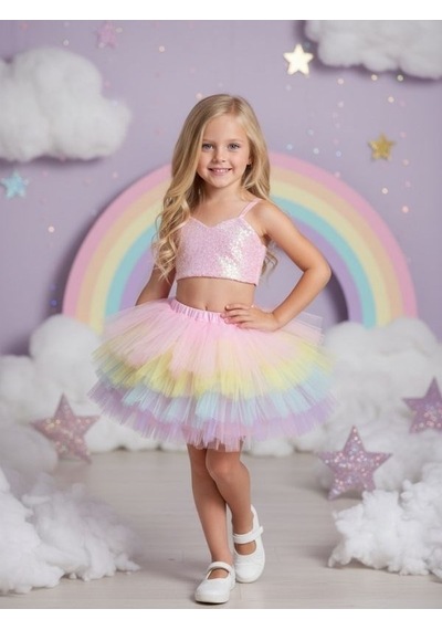 Zekids Kız Çocuk Pullu Crop Tütülü İkili Abiye Takım-17121 Çok Renkli