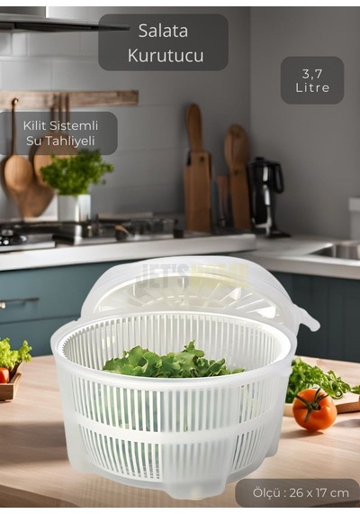 Salata Kurutucu Kilitli Kapak Sebze Kurutucu Bpa Free Yeşillik Yıkama Kurutma Kabı 3,7 Litre Beyaz