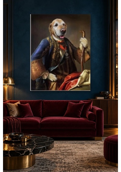Fida Barok Kıyafetli Bastonlu Golden Retriever Canvas Tablo Çok Renkli