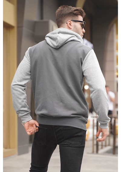 Madmext Füme Kapüşonlu Renk Bloklu Erkek Sweatshirt 6024 Füme