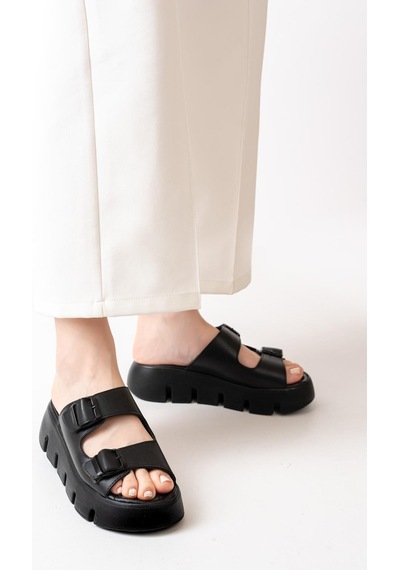 Asmi Shoes Kadın Çift Bantlı Kalın Taban Ortopedik Terlik Siyah Siyah