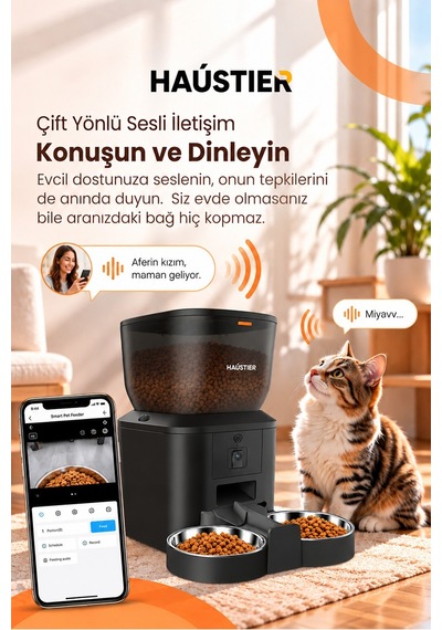 Qq025-dual Kameralı Akıllı Otomatik Kedi Mama Kabı, 480p Gece Görüşlü 2.4ghz, 4lt, Çift Metal Kase