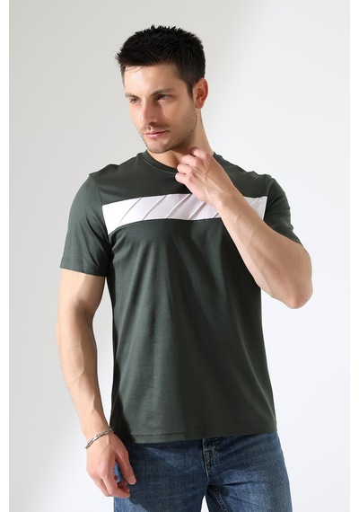 Erkek İki Renk Parçalı Bisiklet Yaka T-shirt - Pamuklu Tişört Haki