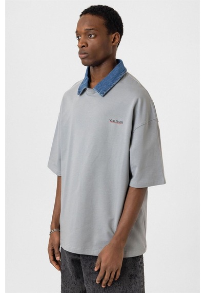 Polo Yaka Yazı Detaylı Oversize Tişört Gri