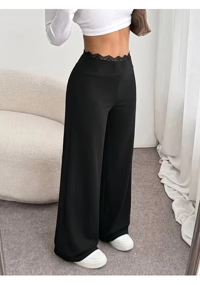 Zennamoda Kadın Yüksekbel Dantelli Paçaya Doğru Geniş Modal Pantolon Siyah