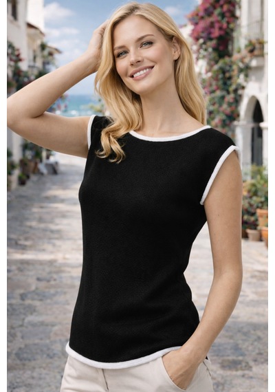 Aqefashion Kadın Kayık Yaka Sosis Yaka Yarasa Kol Beyaz Detaylı Modern Basic Özel Tasarım Siyah Triko Bluz
