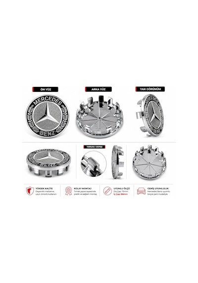 Mercedes Jant Göbeği Göbek Kapağı 4 Adet Jant Orta Kapak