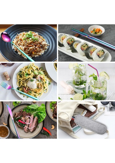 Valkyrie 8 Parça Çantalı Yolculuk Çatal Bıçak Kaşık Pipet Chopstick Seti Kamp Okul Ofis Tatil Paslanmaz Çelik Renkli Çok Renkli