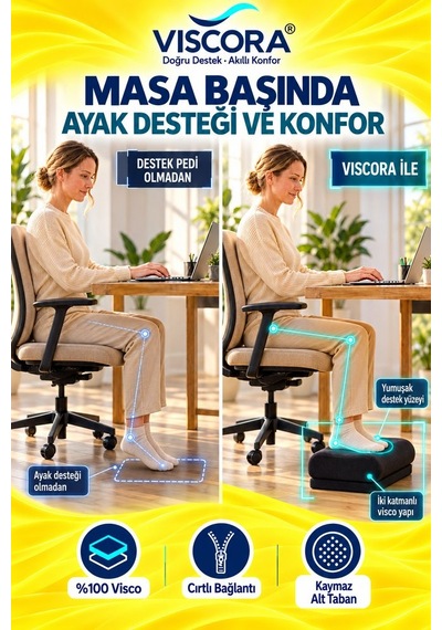 Ayak Destek Pedi Masa Altı, Ofis Ve Ev İçin Visco İki Katmanlı Kaymaz Ayak Minderi Siyah