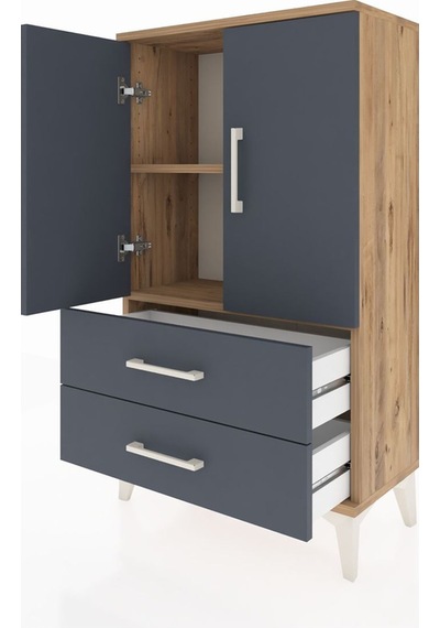 Arges Komodin 2 Raflı 2 Çekmeceli 2 Kapaklı 60x30x106 Çam-ant... Çam