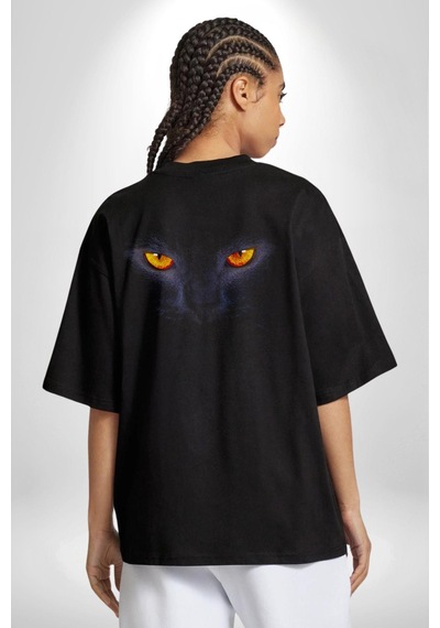 Siyah Kedi Gözler Ateş Pamuklu Unisex Oversize Sırt Dijital Baskılı Siyah T-shirt Siyah
