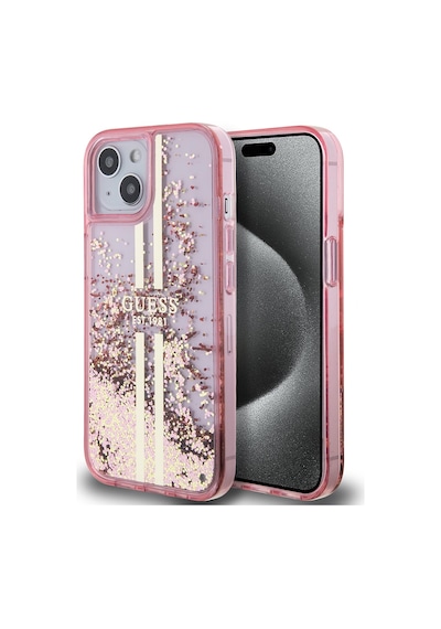 Apple Uyumlu iPhone 14 Kılıf Guess Lisanslı Transparan Sıvılı Simli Altın Çizgili Kapak Pembe