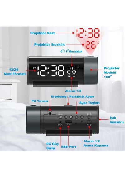 Modern Projeksiyonlu Silindir Led Çalar Saat Dijital Ekran, Usb, Sıcaklık & Çift Alarm Siyah