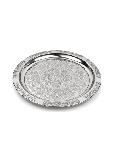 Binbir Trend 24 Cm Otantik Desenli Krom Çelik Kebap, Izgara, Meze Ve Servis Tabağı 4 Adet Gümüş