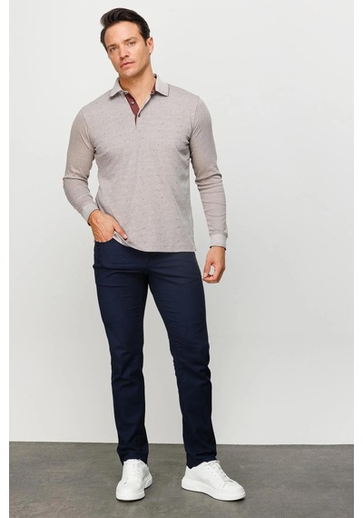 Desen Triko Erkek Polo Yaka Desenli Uzun Kollu Sweatshirt Bej Bej