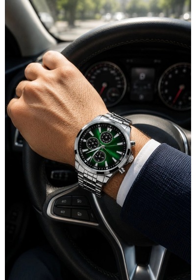Erkek Gümüş Renk Metal Kordon Analog Kol Saati Takvim Göstergeli Yeşil Siyah Kadran - Gümüş Çok Renkli 61344954