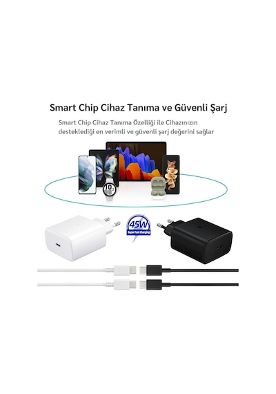Samsung Galaxy M07 Uyumlu 45w Type-c To Type-c Super Hızlı Şarj Cihazı Seti - Garantili Beyaz