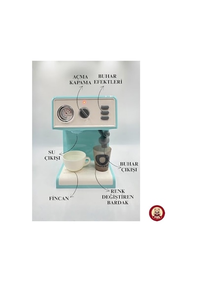 Oyuncak Buharlı Sesli Işıklı Kahve Makinesi Pilli Gerçekçi Su Akışlı Renk Değiştiren Bardaklı Mini Barista Seti Mavi Açık Gri