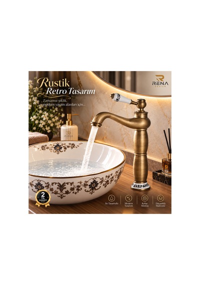 Rena Design Rustik Antik Çanak Lavabo Bataryası Banyo Yüksek Musluk Eskitme Porselen Işleme Armatür Otantik Bakır Retro Antik Eskitme