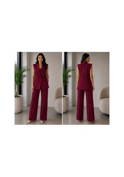 Gül&can Butik Mürdüm Renk Yelek Pantolon Takımı Bordo