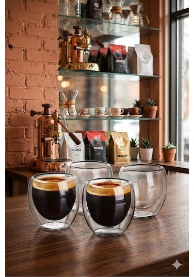 4 Lü Espresso Bardağı 80 Ml Kahve Bardağı Çift Cidarlı Bardak Şeffat