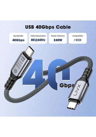 Fast Usb 4.0 40gbps, 240w, 8k60hz Usb4.0 Usb-c Kablosu 1 Metre Gri Klv-01 2