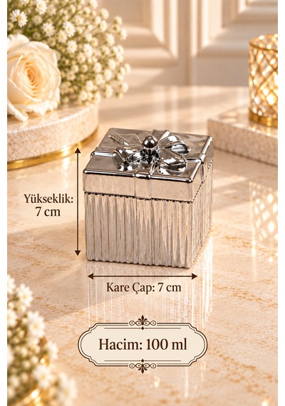 Fiyonk Kapaklı Kare Cam Sunumluk 100 Ml Gümüş