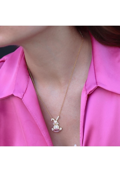 Zirkon Taşlı Gold Kaplama Asansörlü Bunny Gümüş Kolye Gümüş