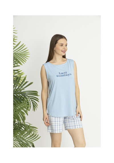 Estiva Kadın Kareli Alt Desenli Mavi Kolsuz Şortlu Penye Lycra Pijama Takımı Çok renkli