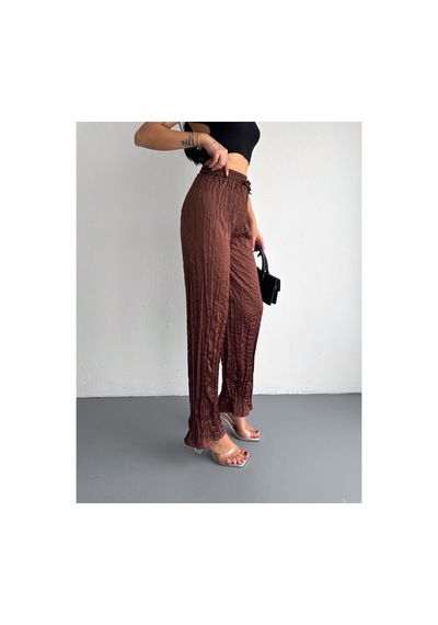 Gugus Kadın Saten Pantolon Trend Wide Leg Model Kahverengi