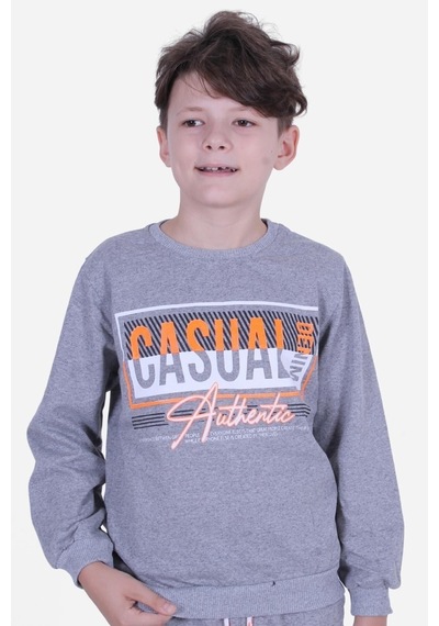 Cyberrabit Baskılı Erkek Çocuk Kanguru Cepli Kapüşonlu Gri Sweatshirt Gri