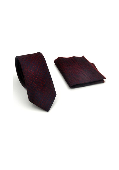 Gaffy Lacivert Desenli Bordo Dokuma Kumaş Mendilli Slim Fit Kravat // Sdk-2602-3 Bordo