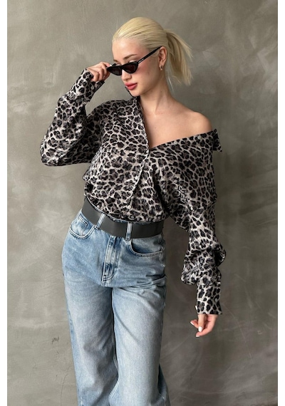 Madmext Siyah Leopar Desen Kadın Gömlek Mg2296 Siyah