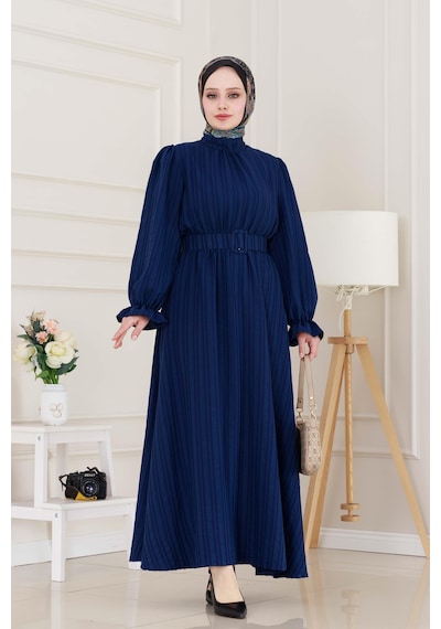 Sevitli Kolu Volanlı Kemerli Henna Elbise-lacivert-5056 Lacivert