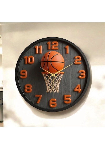 AA Shop Basketbol Top Pota Renkli Baskı Desenli Sayılı Hediyelik Ahşap Sessiz Tablo Duvar Saati 59 Renkli