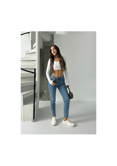 Bluemarlin Yüksek Bel Tam Kalıp Mom Jeans Pantolon Mavi