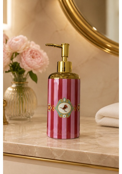 Piraye Porselen Love Birds Sıvı Sabunluk Altın Renkli Dekoratif Banyo Ve Mutfak Aksesuarı , 20 X 7 Cm Pembe - Kırmızı