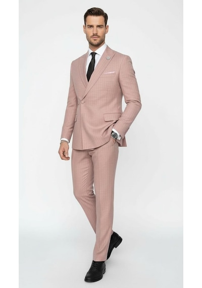 Erkek Slim Fit Çizgili Takım Elbise 2 Top Düğmeli, Çift Yırtmaçlı Modern Kesim Kiremit