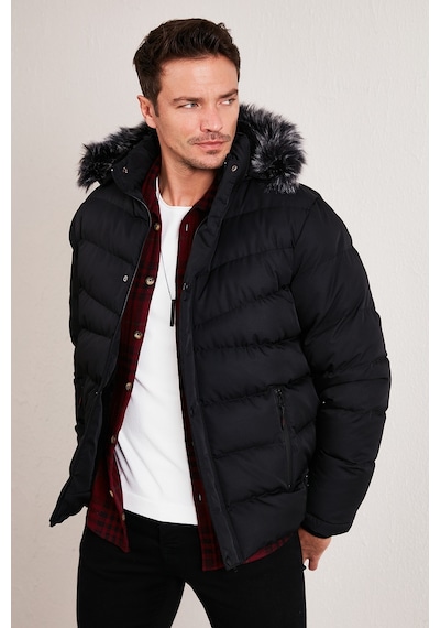 Buratti Slim Fit Suni Kürklü Peluş Astarlı Çıkarılabilir Kapüşonlu Şişme Erkek Mont 5761080 B Siyah