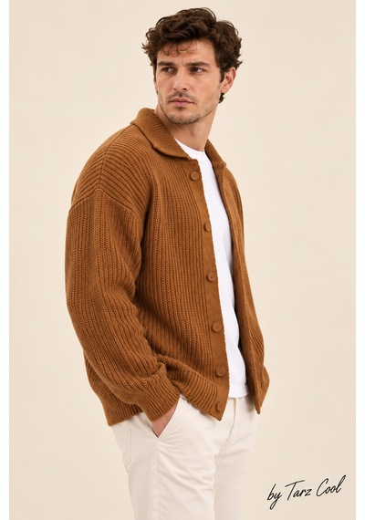 Tarz Cool Erkek Düğme Detaylı Regular Fit Hırka Hardal